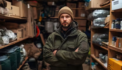 A bearded man wearing a knit beanie and green jacket stands with arms crossed in a cluttered storage room filled with boxes, bags, and supplies on wooden shelves.