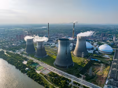 Aerial view of a large industrial power plant with multiple cooling towers emitting steam, situated beside a river and surrounded by a dense urban area with buildings, roads, and green spaces.